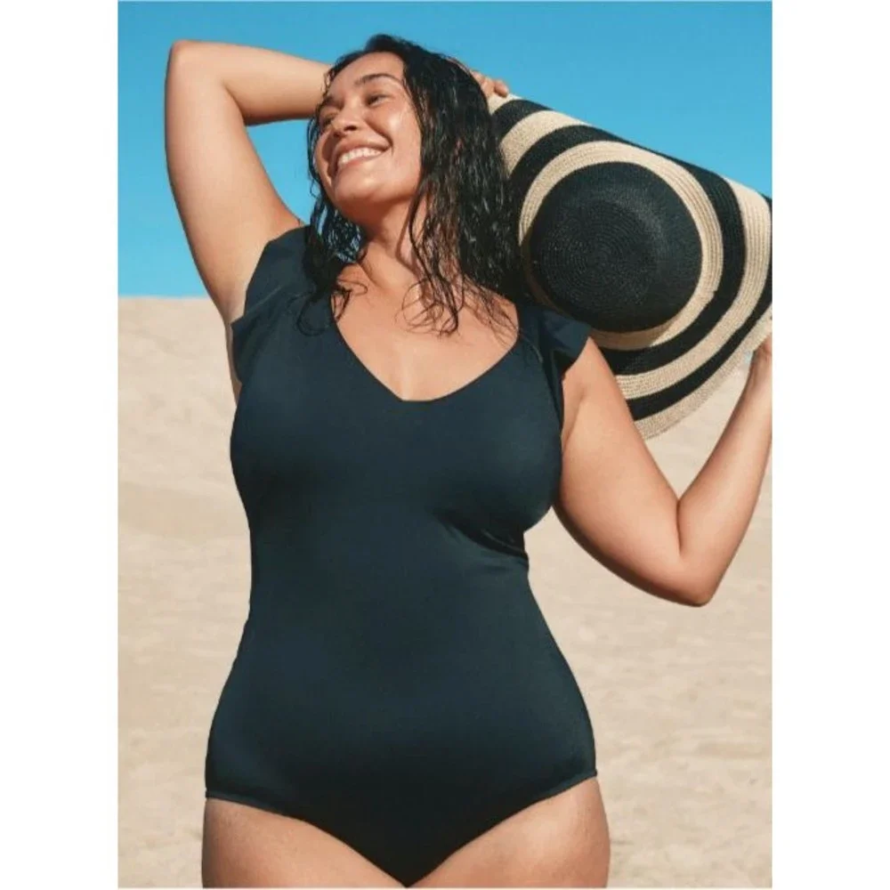 NWT Time and Tru Black Ruffle One Piece Fashion swimsuit bathing suit new pool